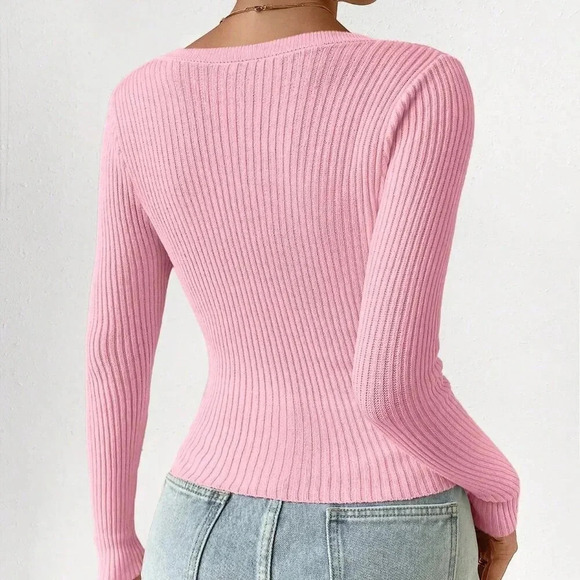 Pink Casual Women's Slim Solid Color Rib Knit Cardigan - Picture 2 of 7